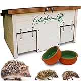 ERDENFREUND® Igelfutterhaus mit Rattenklappe + 2er Set Wasser- & Futternapf Igelhaus...