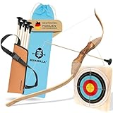 BOWRILLA® Pfeil und Bogen Kinder Set mit 6 Saugnapf-Pfeilen, Zielscheibe aus Holz...