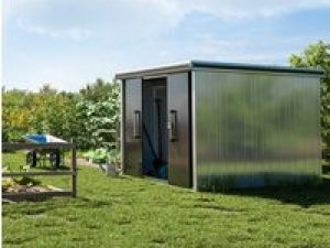 Metallgerätehaus Manuel 256×256 cm, Türhöhe: 190 cm, 300 kg/m2 Dachbelastbarkeit, Gartenhaus Metall, Geräteschuppen Metall