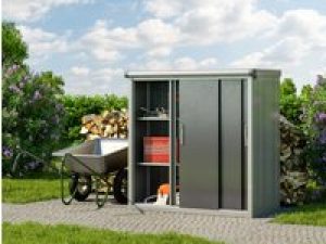 Geräteschrank Größe: 150×75 cm, Höhe: 150 cm, Dachlast: 150 kg/m2, Gartenschrank Gerätehaus Metall, Metallgerätehaus Gerätehaus Geräteschuppen Metall